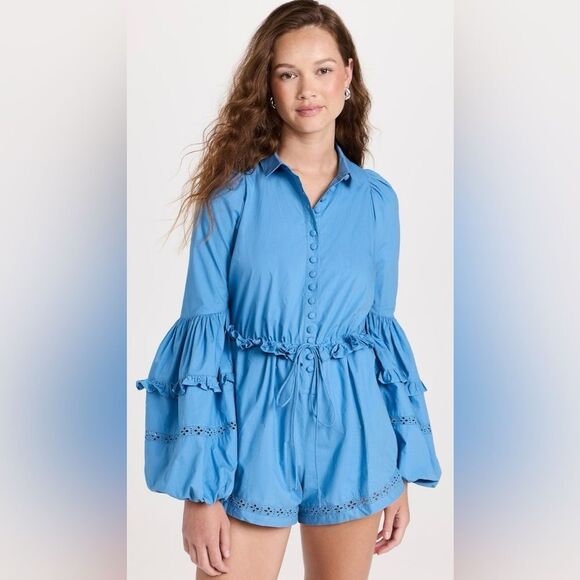 Joslin Lili Cotton Eyelet Ruffle Poplin Cotton Romper in Cerulean Blue, Size 2 - Picture 1 of 16